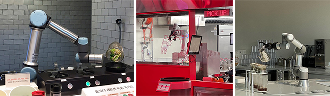 왼쪽부터) 빕스의 국수 조리 로봇, 롸버트치킨의 치킨 조리 로봇, 라운지엑스의 커피 조리 로봇 